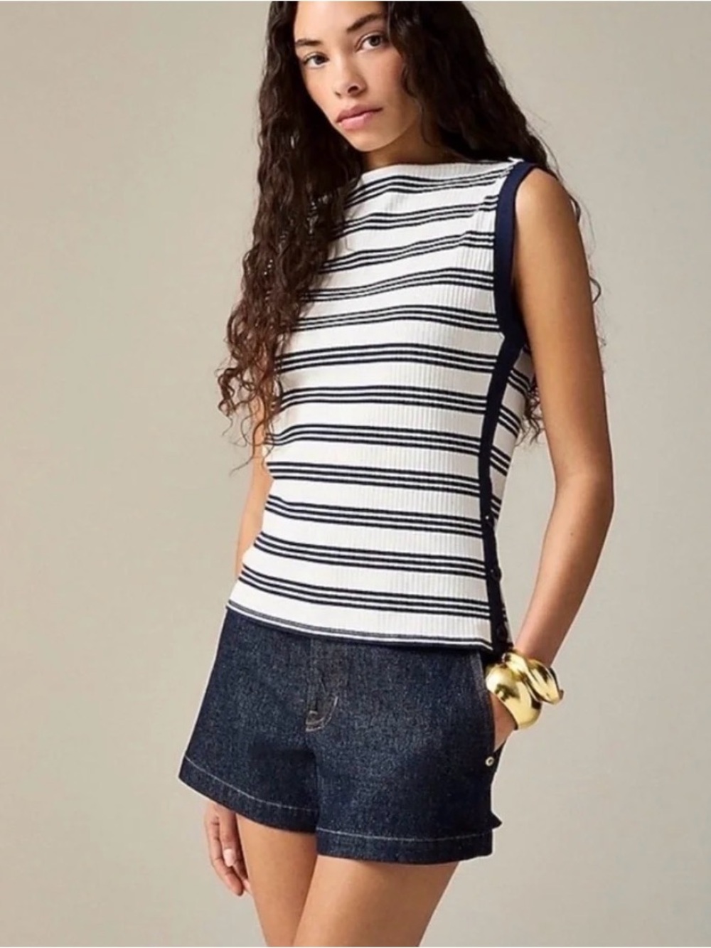 J. CREW Premium Rib Ribbed Side Button Top Knit Murray Stripe Navy NWT